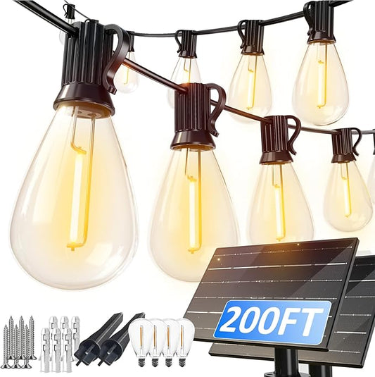 luckystyle 200FT Solar String Lights Outdoor Waterproof with 72+4 LED Bulbs Long Last for 20+Hrs, Commercial Grade Shatterproof Patio Solar Powered Lights for Camping，Backyard, Garden, Porch Decor