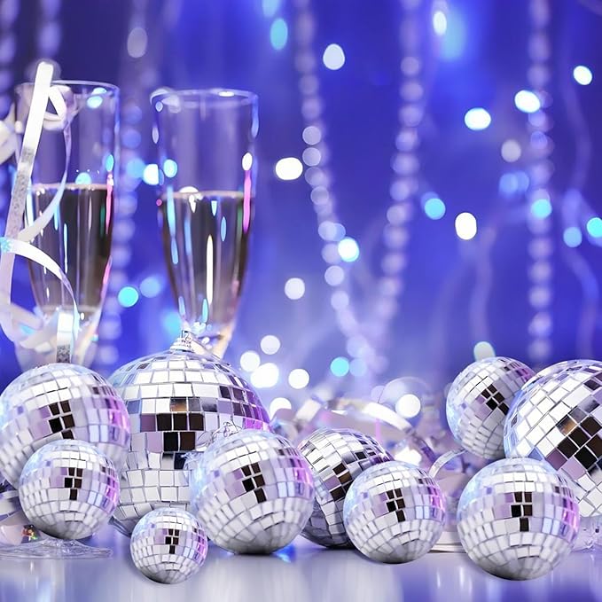 46 PCS Disco Mirror Ball Reflective Mini Glass Hanging Decorations Assorted Silver 6 Inches Large Disco Ball for Wedding Dance Music Ballroom Hall Props Club Stage Backdrop Props (6 inch)