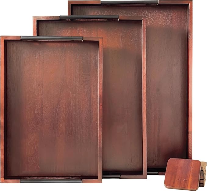 Acacia Wood Serving Tray - Set of 3 with Black Steel Handles 18", 16" & 14" with 6 Coasters - for Coffee Table, Ottoman in Living Room, Breakfast in Bed, Jewelry, Decorative (Vintage Finish)