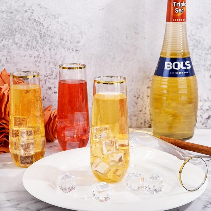 SUT 36PCS Stemless Plastic Champagne Flutes, 9 Oz Gold Rim Clear Plastic Toasting Glasses Shatterproof Cocktail Cups Mimosa Cups Stemless Glass Glasses Disposable for Wedding Parties & Shower