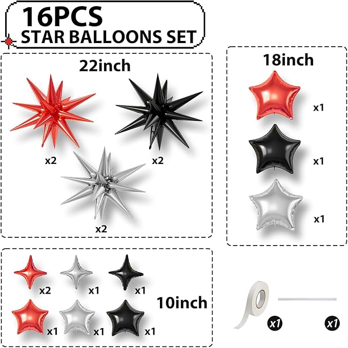 16 Pcs Red Black Silver Star Balloons,22/18/10 Inch Foil Balloons, Four-Pointed Balloon for Birthday Graduation Prom Wedding Baby Shower Movie Party Decorations