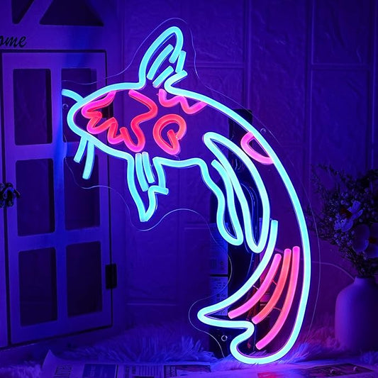 Koi Fish Neon Sign Koi Carp Neon Lights Signs Japanese Fish Led Neon Blue Red Lucky Fish Neon Signs for Wall Decor 17”x9.5”with USB/Switch Dimmable Neon Light Signs for Bar, Restaurant, Office, Fishroom,Koi Pond
