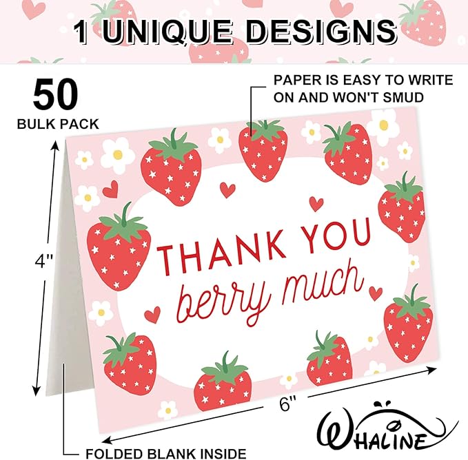Whaline 50 Packs Strawberry Thank You Cards Red Pink Strawberry Flower Greeting Cards Blank Note Card Boxed with Envelopes and Stickers for Birthday Baby Shower, 4 x 6 Inch