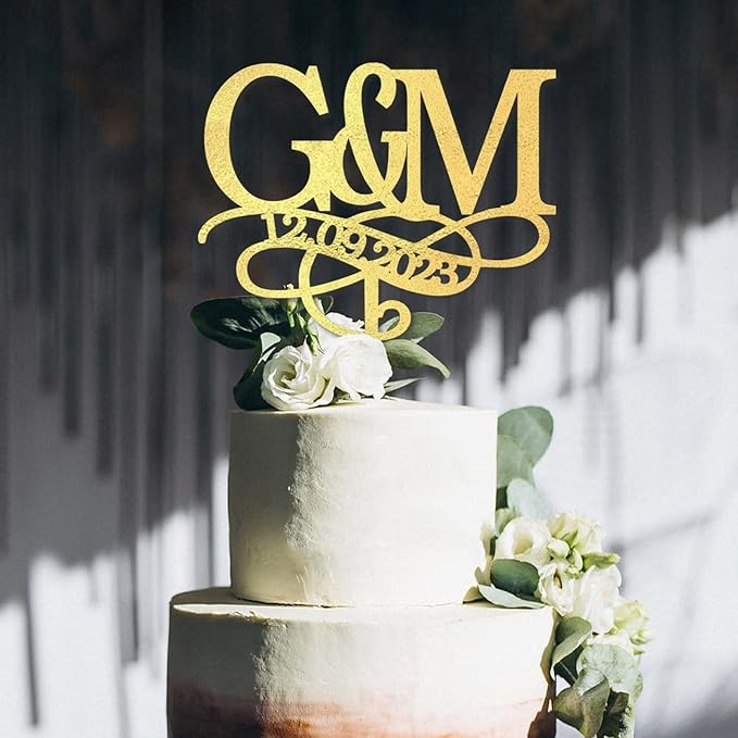 Personalised Gold Initials Wedding Cake Topper, Custom Two Initial and Date Cake Topper, Monogram Cake Topper, Made in USA, 2 Letters Engagement Cake Topper, Rustic Anniversary Party Decoration
