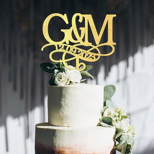 Personalised Gold Initials Wedding Cake Topper, Custom Two Initial and Date Cake Topper, Monogram Cake Topper, Made in USA, 2 Letters Engagement Cake Topper, Rustic Anniversary Party Decoration
