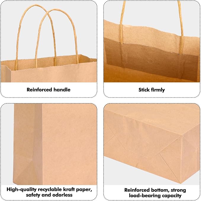 OUTUXED 120pcs Gift Bags, Brown Paper Bag with Handles 7.1x3.6x9.3in Medium Size, Kraft Paper Bags for Party, Businesses,Shopping