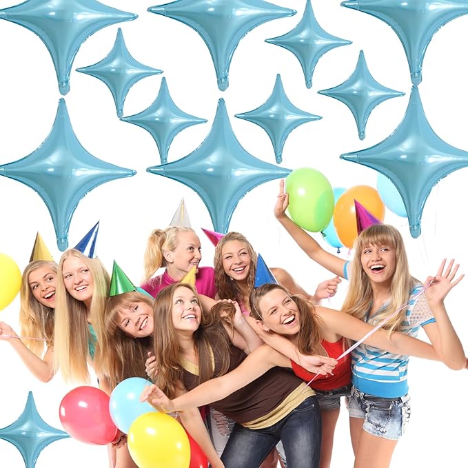 Blue Star Balloons,12Pcs Four Angle Star Foil Balloons,26Inch and 10Inch Light Blue Quadrangle Helium Balloon for Birthday Anniversary Baby Shower Wedding Party Decorations