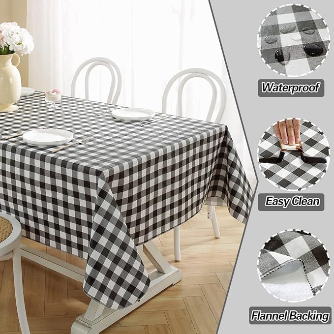 Buffalo Plaid Vinyl Tablecloth with Flannel Backing Rectangle 52 x 70 Inch, Waterproof & Oil Proof Checkered Tablecloth, Plastic Table Cover for Dining, Party, Indoor, Outdoor, Black and White