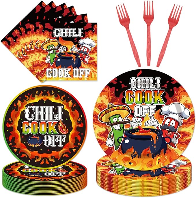 96Pcs Chili Cook Off Decorations Disposable Tableware Set - Chill Cook Off Paper Plates Napkins Forks Chili Contest Tasting Competition Party Supplies Serve 24 Guests