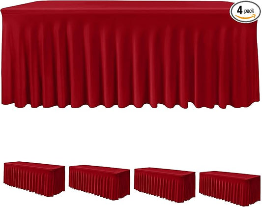 HolidayIdeas 4 Pack Red Spandex Table Skirts for 4 Foot Table, Bulk Fitted Covers for Christmas Craft Fairs, Festive Banquets