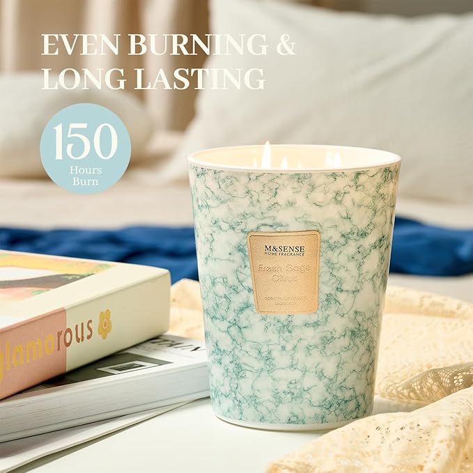 M&SENSE Extra Large Candle 35oz 150H FreshSageCitrus Scented, 3 Wick Highly Scented Jar Candle, XL Large Christmas Gift Candle for Women, Long Lasting Burning for Holiday, Thanksgiving, Christmas
