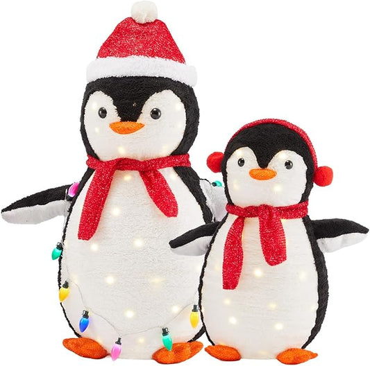 DUMOS 2-Piece Lighted Penguin Family Outdoor Christmas Decoration, Pop up Holiday Decor with 150 LED Lights for Yard, Garden, Storefront, Red