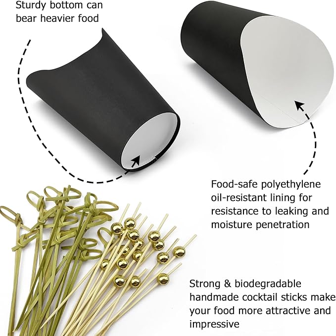 CAMKYDE 50 Charcuterie Cups + 200 Cocktail Picks + 56 Labels, 12 oz Disposable Charcuterie Cups with Sticks (2 Types), French Fry Cups Brown Paper Appetizer Cups for all Occasions（Black）