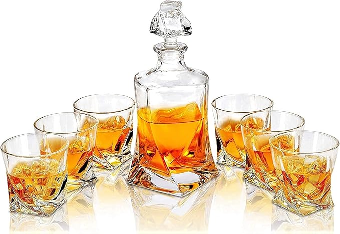 Whiskey Decanter Glasses Set Lead-Free Crystal Glass Scotch Tasting Cups Wine Bottle for Drinking Irish Whisky Bourbon Tequila tumbler (Twist, 1 Decanter & 6 Glasses Set)