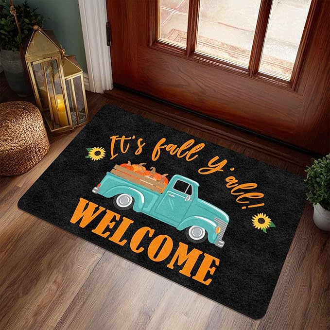 Fall Welcome Maple Leafs Decorative Door Mat, Autumn Thanksgiving Doormat for Indoor Outdoor Entrance Floor Mats,Fall Pumpkins Non Slip Harvest Vintage Decor Rubber Welcome Mats 30" x 18" Inch
