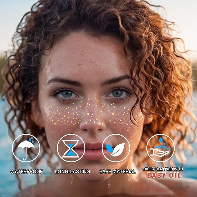 20 Pcs Gold Face Makeup Patches, Glitter Freckles Face Tattoo Gold Makeup, Glitter Freckles, Sparkle Makeup Patches, Waterproof Face Glitter Temporary Tattoos for Women