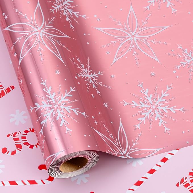 MAYPLUSS Pink Christmas Wrapping Paper Roll - 17IN X 33FT - Christmas Gift Wrapping Paper Featuring White Snowflake Reversible Candy Cane for Kids, Holiday, New Year