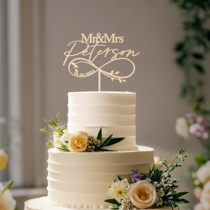 Mr & Mrs Wedding Cake Topper Personalized Bride & Groom's Last Name and Date Customized Wedding Anniversary Cake Decoration Leaves Infinity in Wood