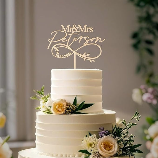 Mr & Mrs Wedding Cake Topper Personalized Bride & Groom's Last Name and Date Customized Wedding Anniversary Cake Decoration Leaves Infinity in Wood