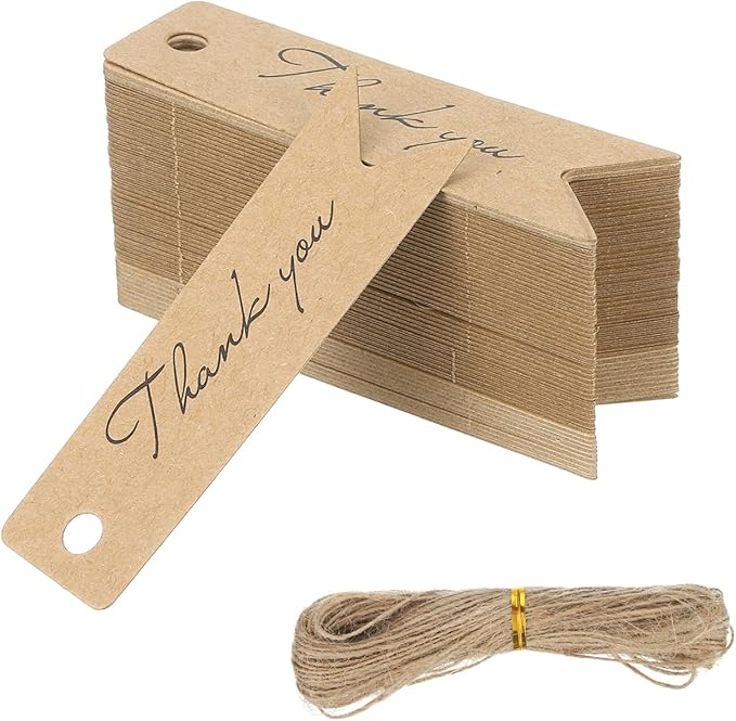 PATIKIL 100 Pcs Blank Gift Tags with String, 2.8x0.8 Inch Kraft Paper Tags Gift Bags Tags Mini Thank You Label with Holes for Wedding Holiday Party Favor Clothes Craft, Brown