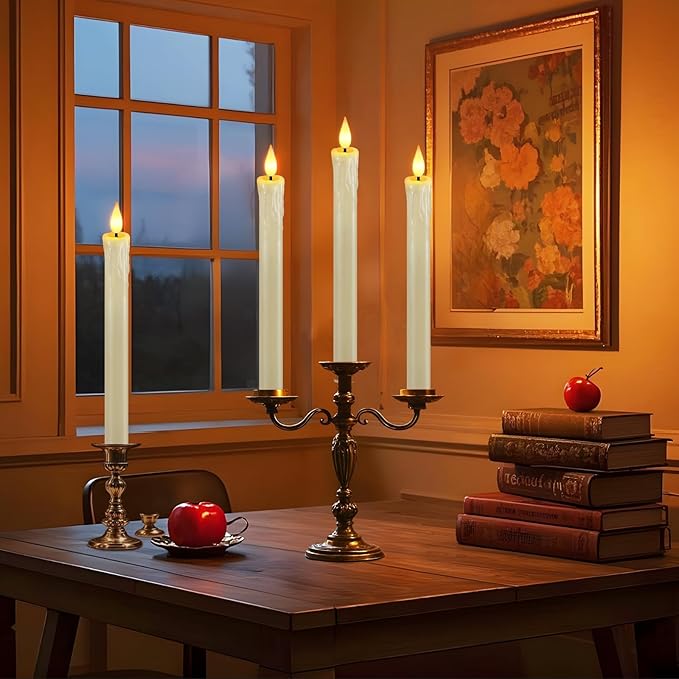 OCATO Flameless Candles with Remote Timer: 8 Pcs Battery Operated Window Candles 9.6" Real Wax LED Flickering Flameless Taper Candles 3D Wick Lights Halloween Christmas Wedding Party Decorations Ivory