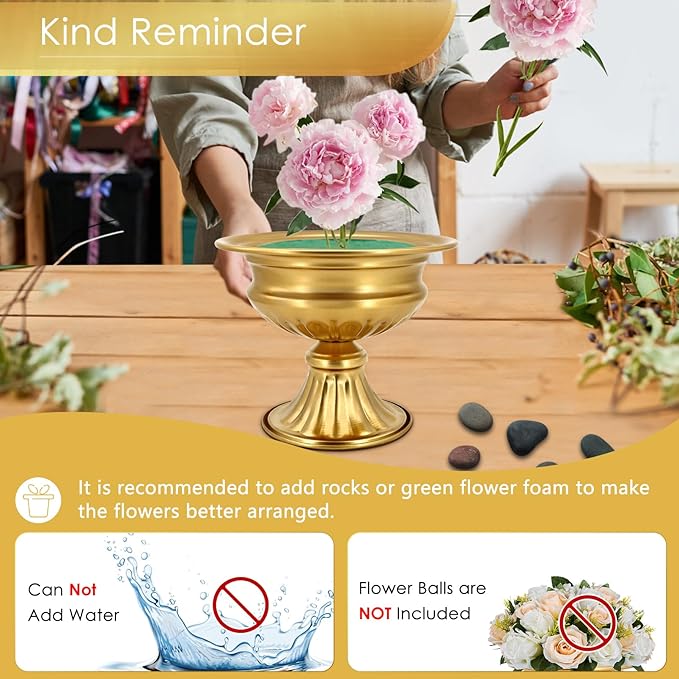 Gold Compote Vases for Centerpieces: Wedding Flower Vase for Tables 6.5 Inch Small Metal Urn Pedestal Bowl for Party Anniversary Event Home Decor Set of 2