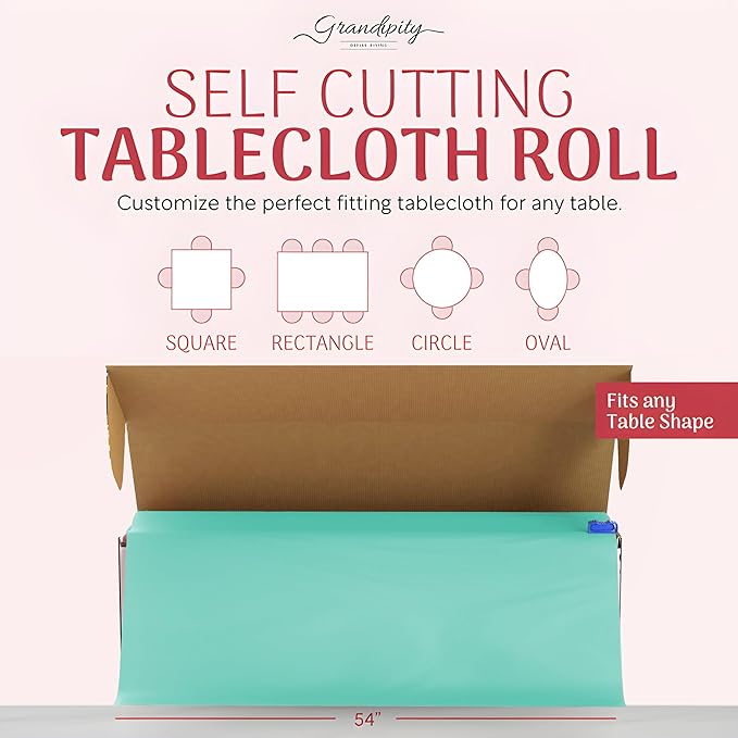 Grandipity Plastic Tablecloth Roll - 54in x 300 Ft. Aqua Plastic Table Cloths for Parties Disposable with Cutter Box - Cut to Size Disposable Tablecloth Table Cover for Rectangle & Round