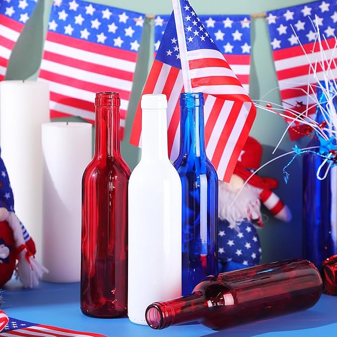 Rtteri 24 Pcs Decorative Colored Wine Bottles 375ml Empty Glass Bottles for Flowers Wedding Decor Centerpiece Christmas Party Favor DIY Crafts (Red,Blue,White)