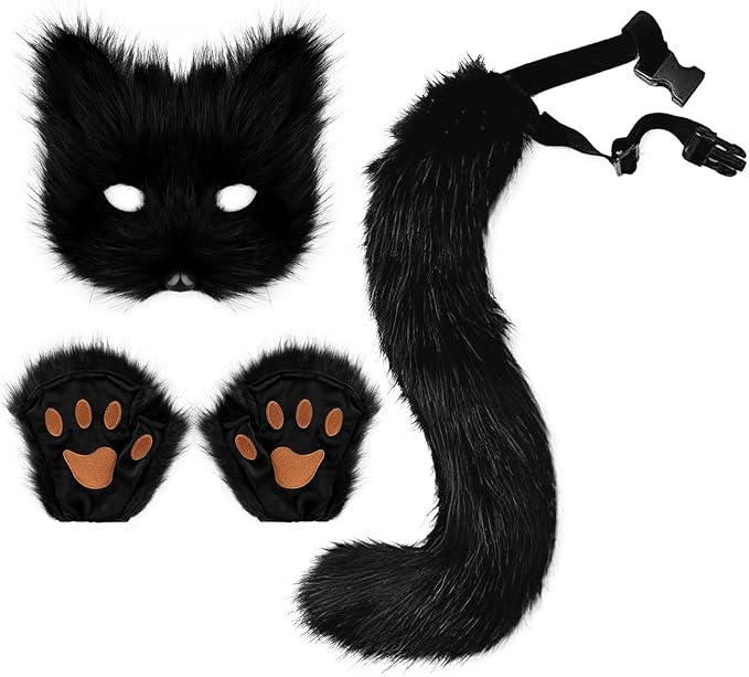 Adolala Faux Fur Fox Tail Cat Wolf Set Plush Mask Fluffy Paw Gloves Halloween Christmas Party for Women