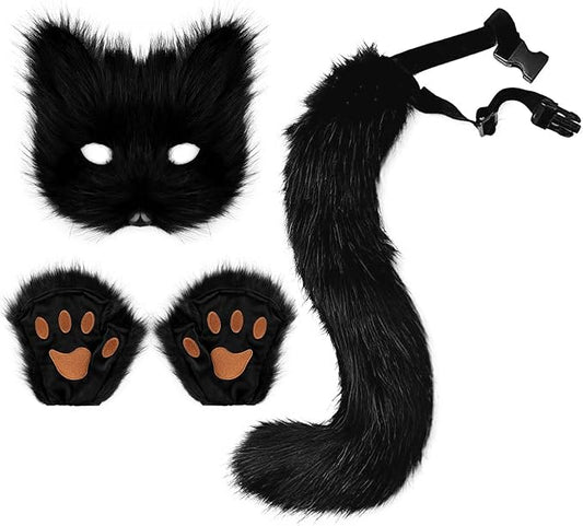 Adolala Faux Fur Fox Tail Cat Wolf Set Plush Mask Fluffy Paw Gloves Halloween Christmas Party for Women