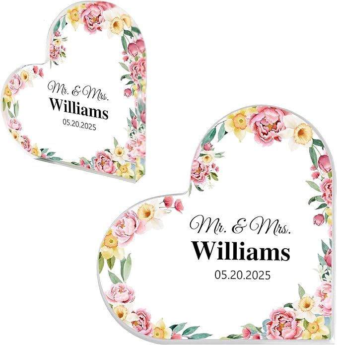 Custom Wedding Heart Acrylic Plaque,Mr & Mrs Cake Topper,Personalized Wedding Keepsake/Gift/Sign (Style 19)