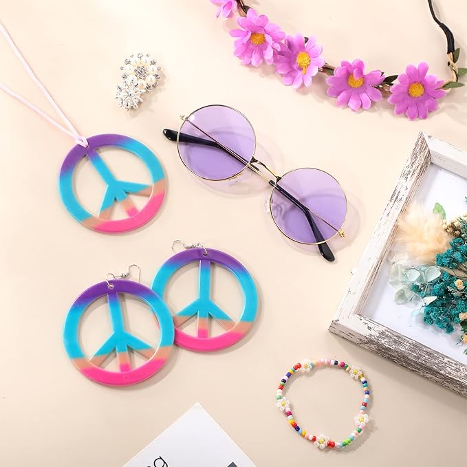 Batiyeer 6 Pcs Hippie Costume Accessories Set, Boho Peace Sign Daisy Flower 60s 70s Party Favors Decor for Groovy Party Women(Purple)