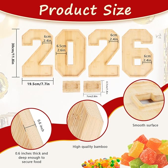 6 Packs 2026 Charcuterie Numbers Letter Board Bamboo Food Serving Trays Wooden Serving Platter for Fruit Vegetable Cupcake Cheese Plates with 2 Sauce Dishes for New Year, Graduation Party Tabletop
