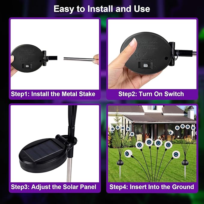AIKEI Halloween Decorations Outdoor Solar Scary Eyeball Lights, 2 Pack12LED Eyeball Swaying Firefly Lights,Waterproof Halloween Decor for Yard Garden Party Supplies Purple