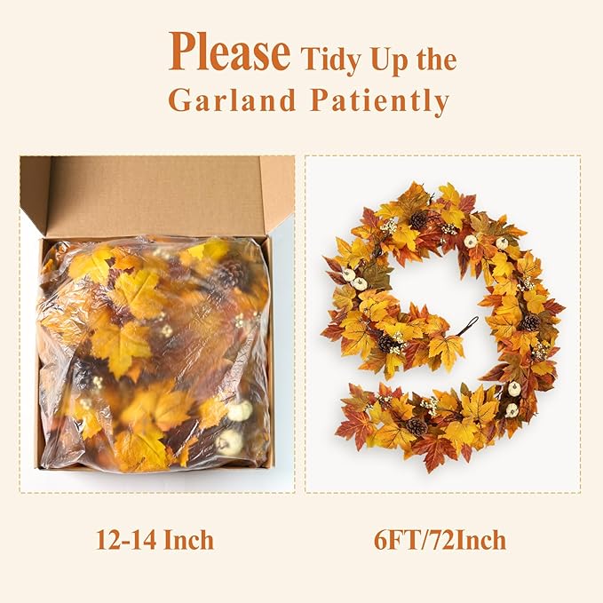 Fall Garland with Lights Outdoor 6FT Autumn Fall Leaves Garland with Pinecones Berries 30 Warm Lights Thanksgiving Christmas Fall Decorations for Home Table Farmhouse Porch Fireplace (Fall Orange)