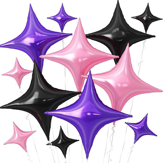 Black Purple Pink Star Balloons,12Pcs Four Angle Star Foil Balloons,26Inch and 10Inch Black Purple Quadrangle Helium Balloon for Girl Theme Birthday Baby Shower Party Decorations