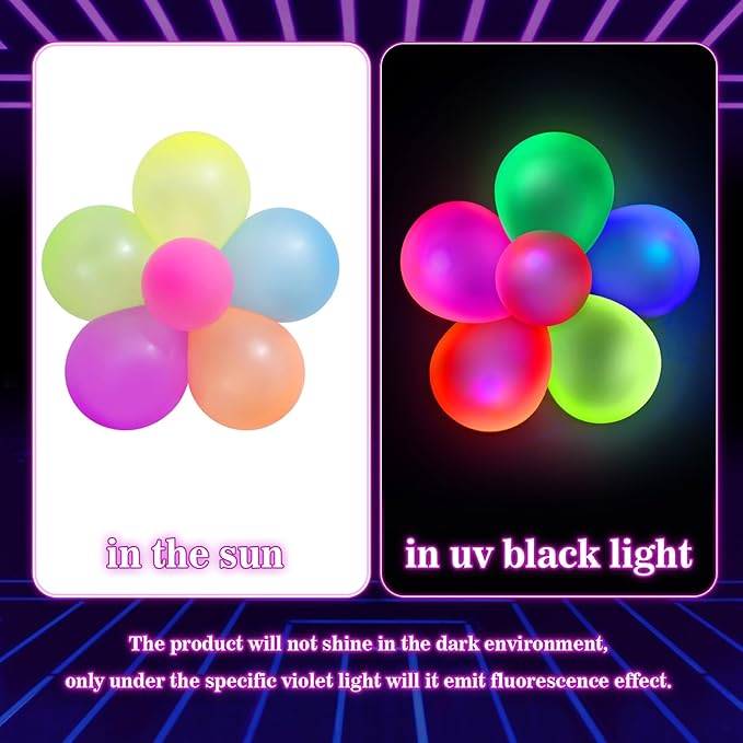 110 PCS UV Neon Balloons, Blacklight Reactive Fluorescent Balloons Glow in the Dark Birthday Decorations for Birthday, Wedding, Neon Party, Glow Party Decorations Supplies