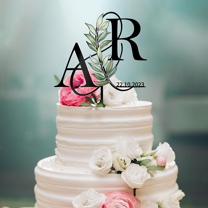 Personalized Wedding Cake Topper in Acrylic Custom Bride and Groom Initial Cake Topper Cake Decoration (Green Leaves)