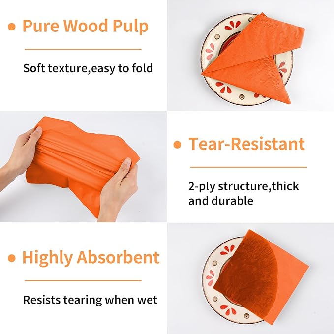 100 Pack Cocktail Napkins Disposable, 2-Ply 5" x 5" Party Napkins, Square Beverage Dinner Napkin for Wedding Birthday Party Anniversary Reception Bar Event (Orange)