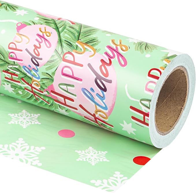 WRAPAHOLIC Reversible Christmas Wrapping Paper - Mini Roll - 17 Inch x 33 Feet - Happy Holiday Lettering with Christmas Ball Design for Holiday, Party Celebration