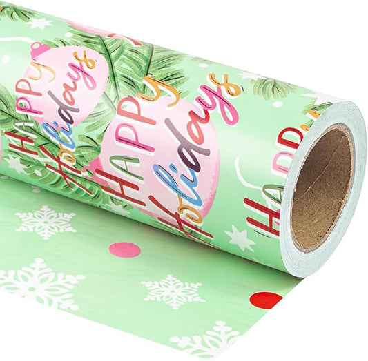 WRAPAHOLIC 30 Inch Jumbo Reversible Christmas Wrapping Paper - 30 Inch x 100 Feet Jumbo Roll Happy Holiday Lettering with Christmas Ball Design for Holiday, Party Celebration