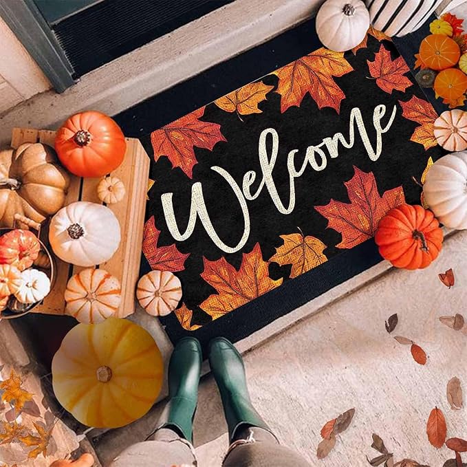 Fall Door Mat Maple Leaves Door Mat, Fall Maple Leafs Doormat for Indoor Outdoor Entrance Floor Mats Non Slip Autumn Harvest Vintage Thanksiving Decor Rubber Welcome Mats, 24"x16"inch