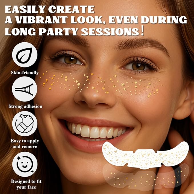 Gold Glitter Freckles Face Tattoo, 6pcs Fake Tattoos Sparkle Face Glitter, Waterproof Freckles Makeup Patches, Long-Lasting Sparkle for Festival Rave Concert Party Cosmetic Accessorie