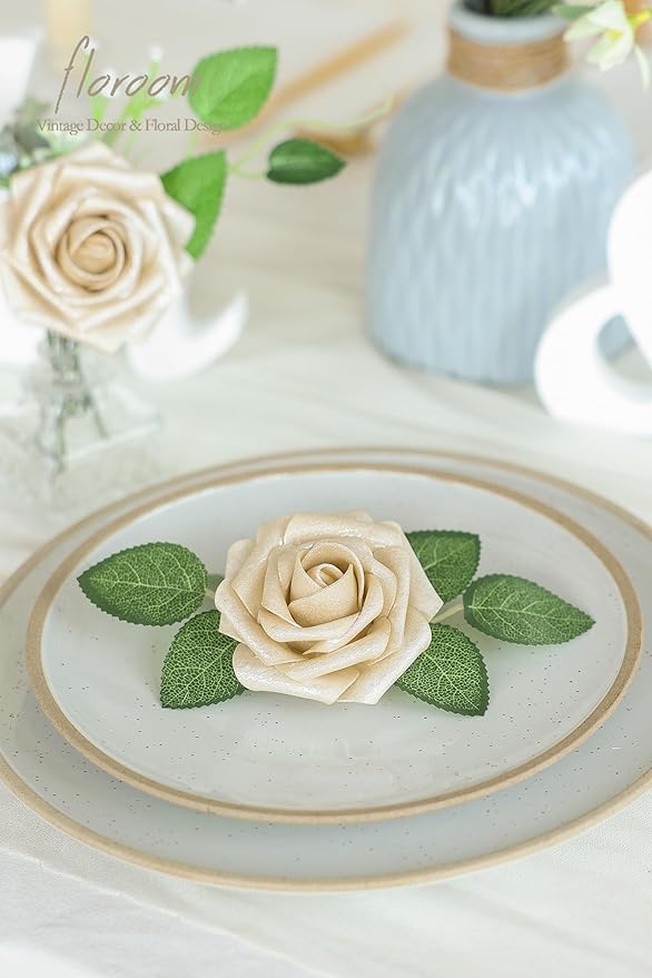 Floroom Artificial Flowers 25pcs Real Looking Champagne Gold Foam Fake Roses with Stems for DIY Wedding Bouquets Bridal Shower Centerpieces Floral Arrangements Party Tables Home Decorations