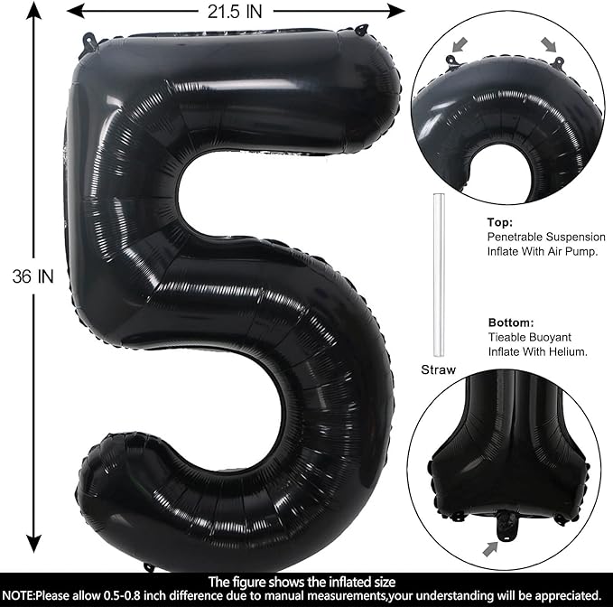 40 Inch Black Number 5 Balloons Helium Giant Black 5 Balloons for Birthday Party Decorations Anniversary Baby Shower Photo Shoot Supplies