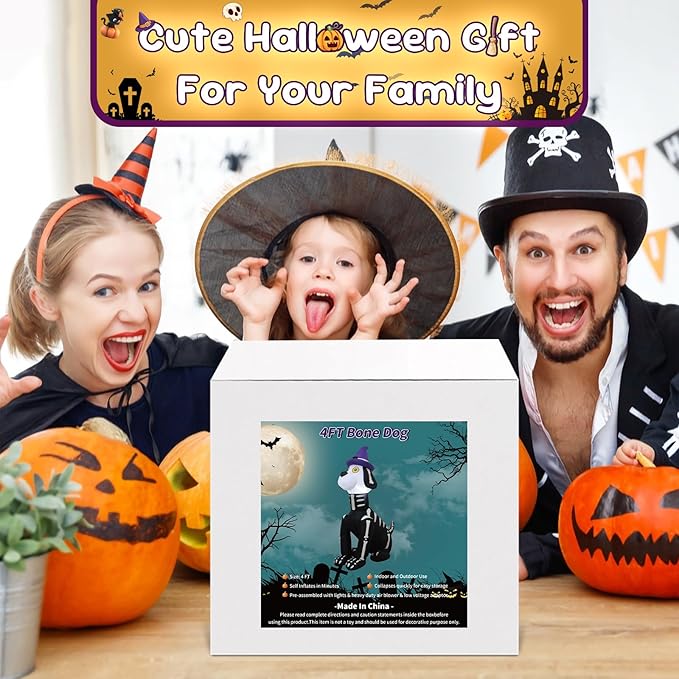 4FT Halloween Skull Dog Inflatable Decoration Blow up Halloween Skeleton Black Dog Decoration with LED Lights Indoor Outdoor Yard Graden Party Holiday Decor