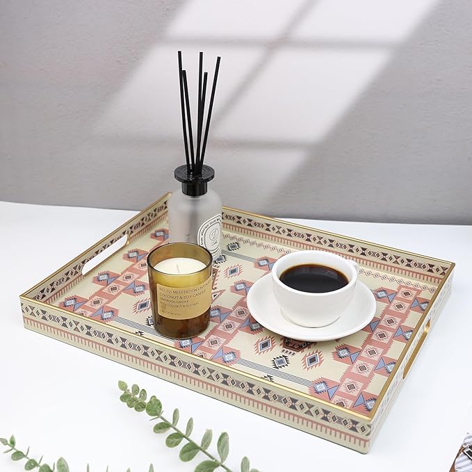 Spsyrine Serving Tray with Handles, Plastic Decorative Tray for Coffee Table, Living Room, Home Decor, 3040N