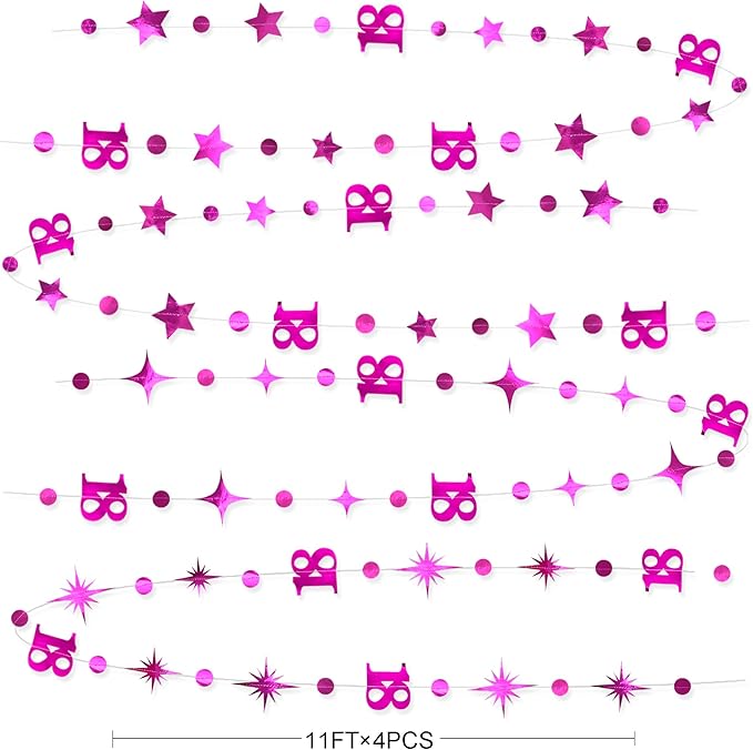 Hot Pink 18th Birthday Decorations Number 18 Circle Dot Twinkle Star Garland Metallic Streamer Banner Backdrop for Girls Happy 18th Birthday Time to Adult Cheers to 18 Years Old Anniversary Party
