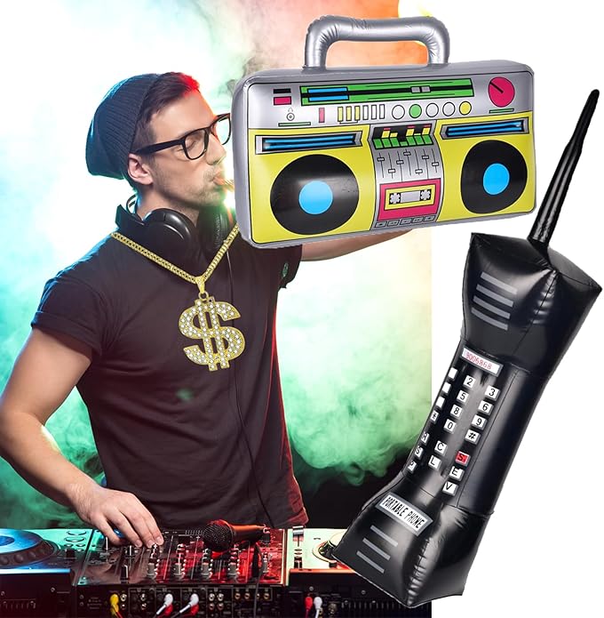 80s 90s Hip Hop Costume Accessories Set - 7 Pcs Rapper Party Outfit Kit with Inflatable Radio & Cell Phone, Dollar Necklace & Ring, 90s Style Bucket Hat, Retro Sunglasses & Air Pump