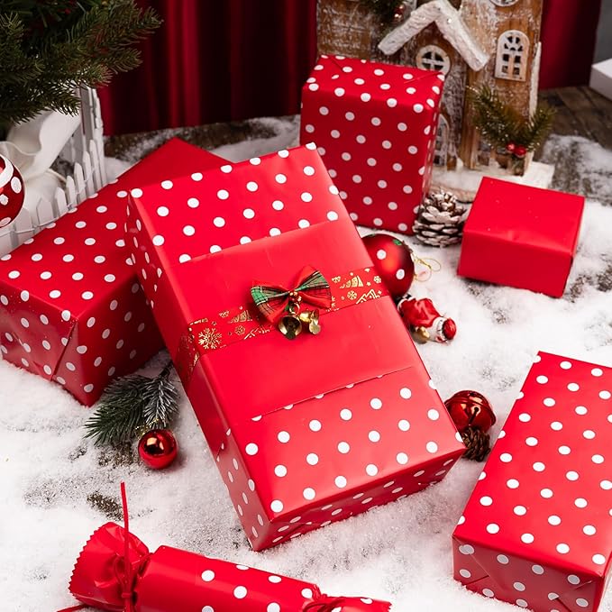 Yarcony Polka Dots Reversible Wrapping Paper Roll - 17 Inch x 33 Feet - Classic Red and White Christmas Polka Dot Holiday Winter Themed Wrapping Paper for Holidays, Birthday, Party, New Year, Wedding